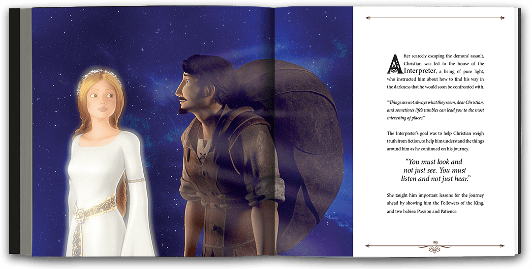 Beautifully illustrated full-page spread of a man and woman speaking against a starry backdrop