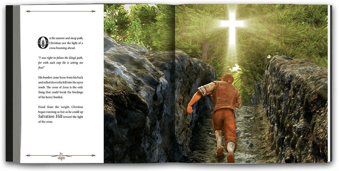 Beautifully illustrated full-page spread of a man climbing a steep path towards the light of a cross