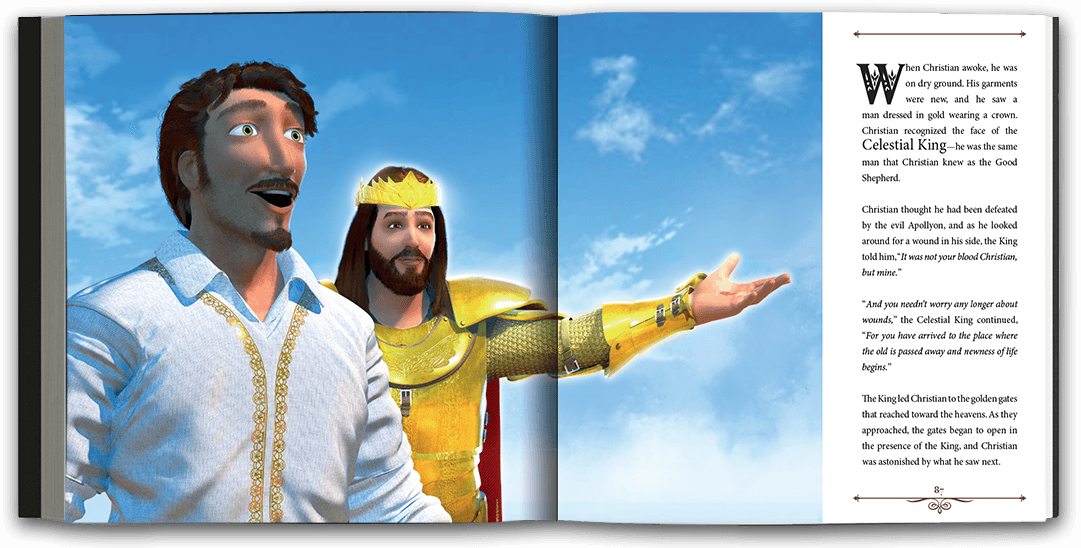 Beautifully illustrated full-page spread of two men dressed elegantly in front of a bright blue sky, one man gesturing to a view the other takes in with wonder