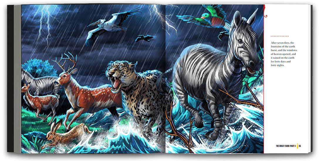 Beautifully illustrated full-page spread of animals fleeing from the rain.