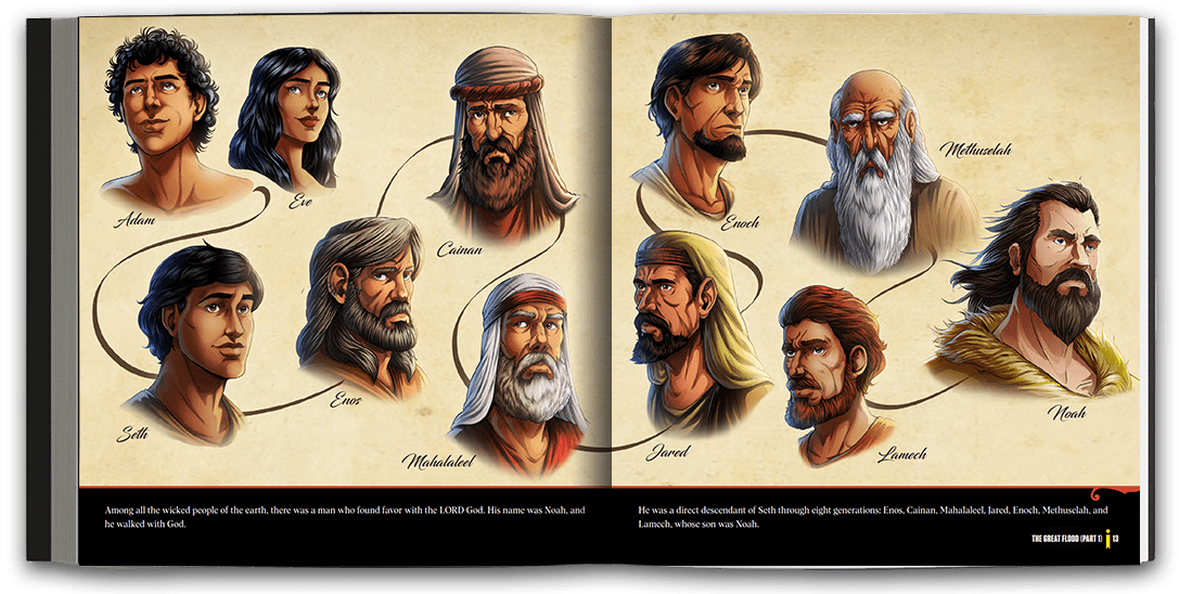 Beautifully illustrated full-page spread of the descendants of Seth.